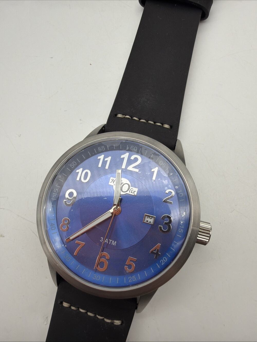 HydrOlix XA002 Blue Dial Watch Black grain Leather Band 54mm New Battery